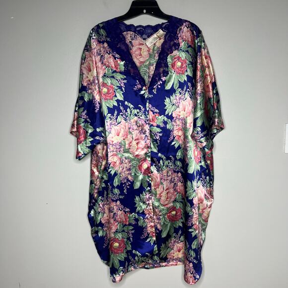 VTG Solange Plus Sz 26/28 Floral Satin Lace Short Sleeve Sleep Shirt Nightgown - Picture 1 of 11